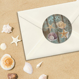 Elegante romantische huisje schelpen strand bruilo ronde sticker