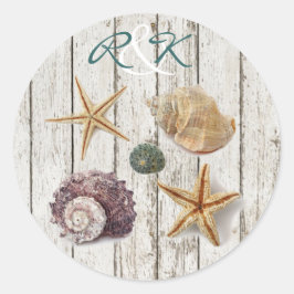 Elegante romantische huisje schelpen strand bruilo ronde sticker