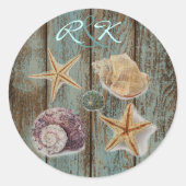 Elegante romantische huisje schelpen strand bruilo ronde sticker (Voorkant)