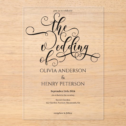 Elegante romantische kalligrafie bruiloft acryl uitnodigingen (Voorkant)