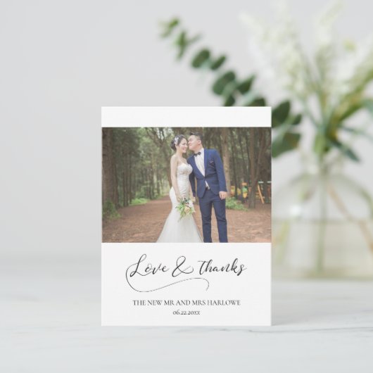 Elegante romantische kalligrafie bruiloft foto bedankkaart (Staand voorkant)