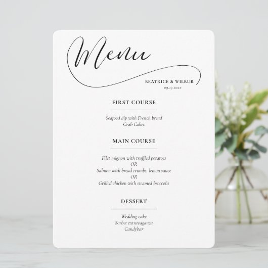 Elegante romantische kalligrafie bruiloft menu (Staand voorkant)