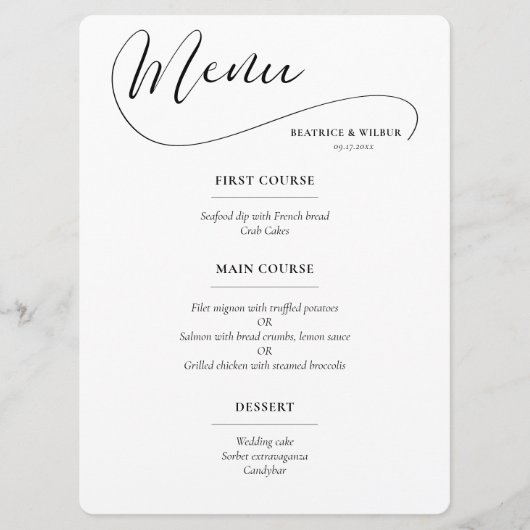 Elegante romantische kalligrafie bruiloft menu (Voorkant)