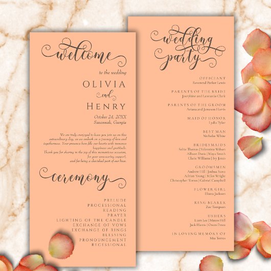 Elegante romantische kalligrafie perzik bruiloft p menu
