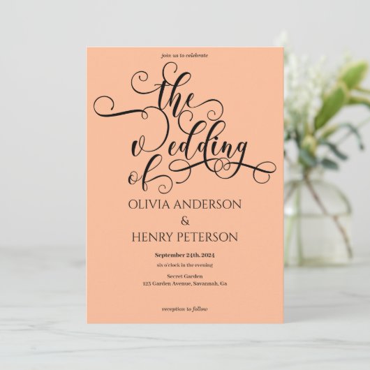 Elegante romantische kalligrafie script perzik bru kaart (Staand voorkant)