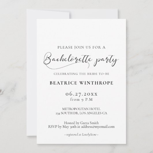 Elegante romantische kalligrafie vrijgezellenfeest kaart (Voorkant)