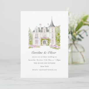 Elegante Romantische Kasteel Waterverf Bruiloft Kaart