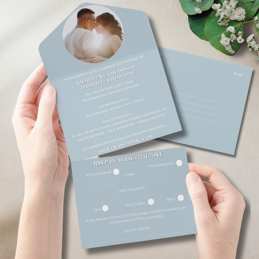 Elegante Romantische Kleur Foto Monogram Huwelijk All In One Uitnodiging