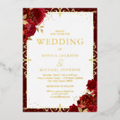 Elegante romantische koninklijke rode rozen bruilo folie uitnodiging (Voorkant)