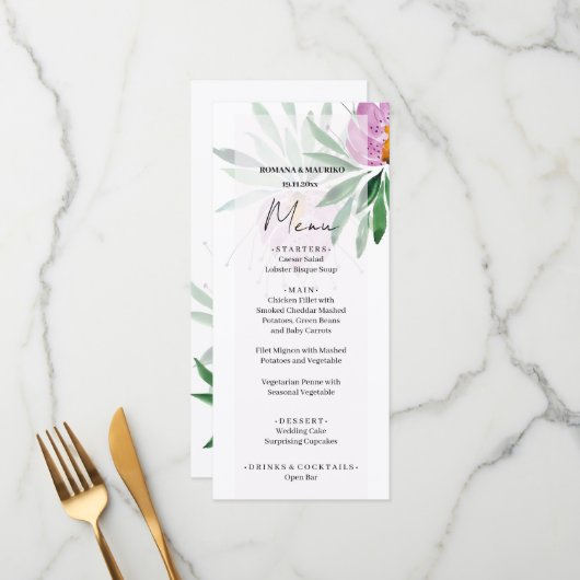 Elegante Romantische Lavendel Lotus Menu (Voorkant / Achterkant in situ)