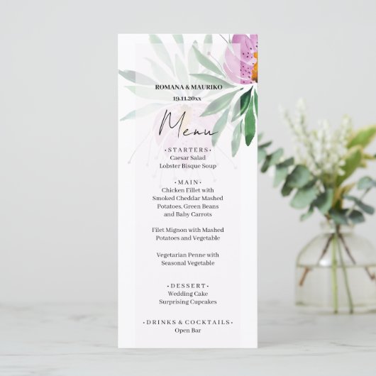 Elegante Romantische Lavendel Lotus Menu (Staand voorkant)