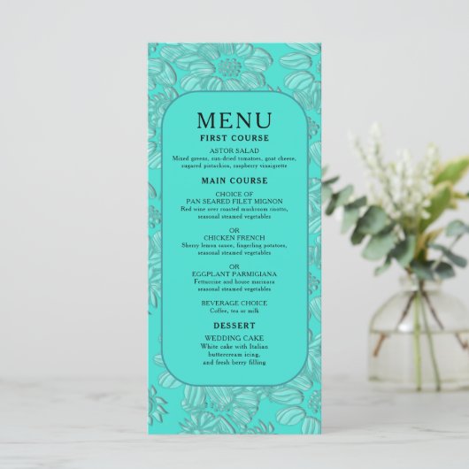 Elegante romantische madeliefjes bloementurquoise menu (Staand voorkant)