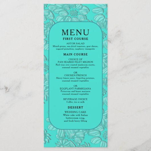 Elegante romantische madeliefjes bloementurquoise menu (Voorkant)