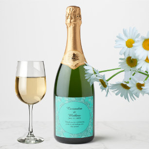 Elegante romantische madeliefjes bloementurquoise sparkling wijnetiket