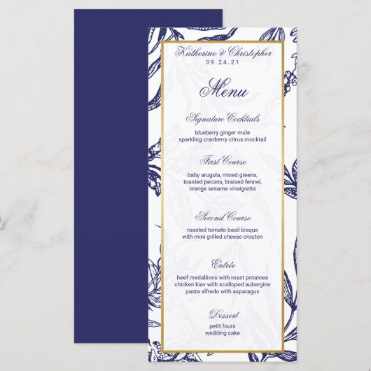 Elegante romantische marine blauw goud botanische  programmakaart (Voorkant / Achterkant)