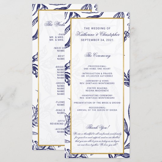 Elegante romantische marine blauw goud botanische  programmakaart (Voorkant / Achterkant)