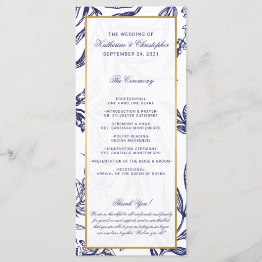 Elegante romantische marine blauw goud botanische  programmakaart (Voorkant)