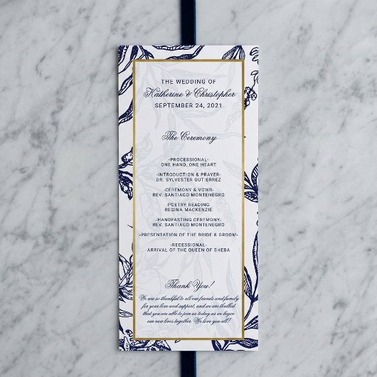 Elegante romantische marine blauw goud botanische  programmakaart