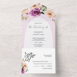 Elegante romantische Paarse Lila Waterverf bloemen All In One Uitnodiging