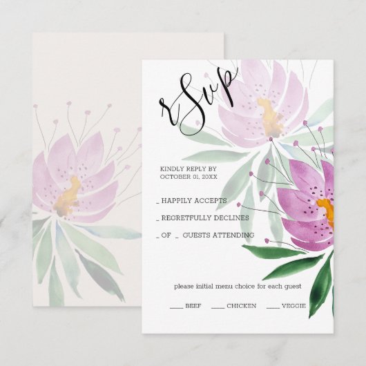 Elegante Romantische Paarse Lotus Watercolor Kunst RSVP Kaartje (Voorkant / Achterkant)