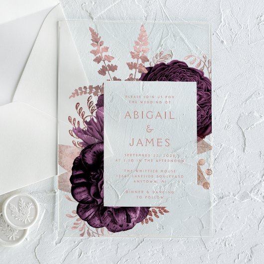 Elegante romantische Paarse Rozen gouden bloem Acryl Uitnodigingen