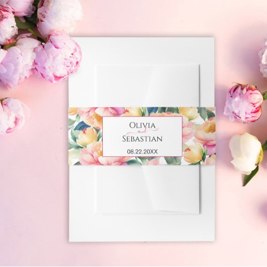 Elegante Romantische Pioen Watercolor Trouwdag Uitnodigingen Wikkel