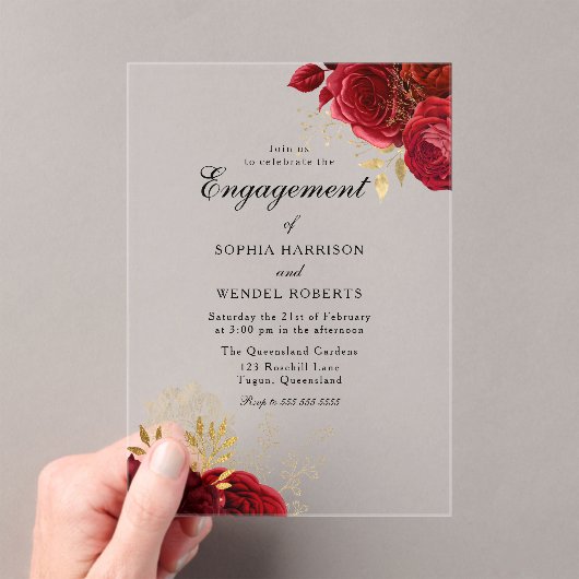 Elegante Romantische Red Rose Engagement Party Acryl Uitnodigingen (Insitu (Draagbaar))