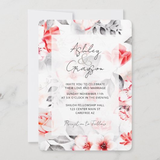 Elegante romantische rode bloemenbruiloft kaart (Voorkant)