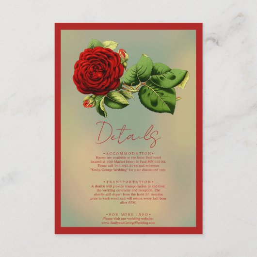 Elegante romantische rode roos bloemenbruiloft det informatiekaartje (Voorkant)
