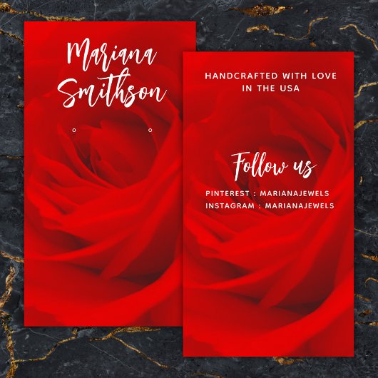 Elegante romantische rode roos oorbel displaykaart visitekaartje