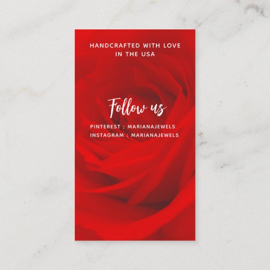 Elegante romantische rode roos oorbel displaykaart visitekaartje (Achterkant)