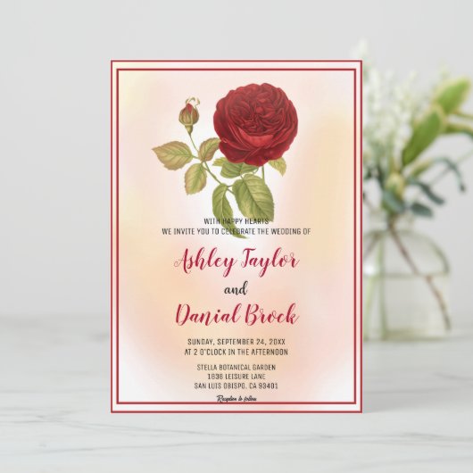 Elegante romantische rode roos stoffige bloemenbru kaart (Staand voorkant)