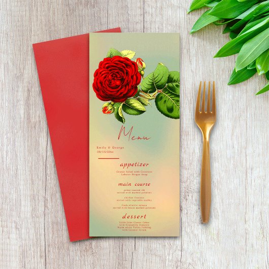 Elegante romantische rode roos zomer bloemenbruilo menu