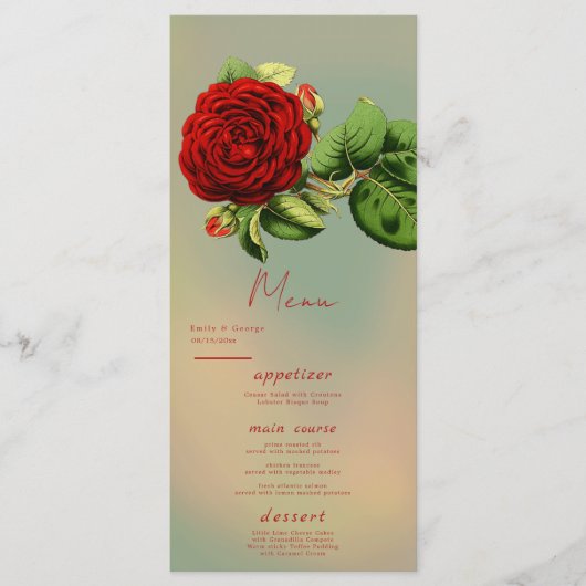 Elegante romantische rode roos zomer bloemenbruilo menu (Voorkant)