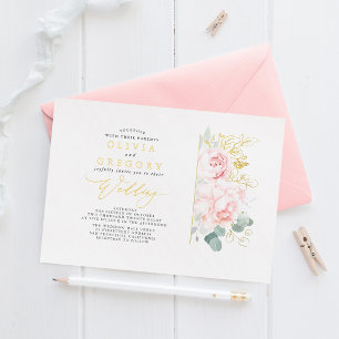 Elegante romantische roze bloemen en groen trouwfe folie uitnodiging