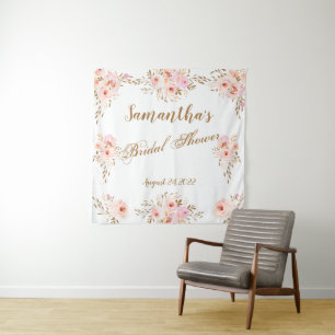Elegante Romantische Roze Gouden Bloemrijke Bruids Wandkleed