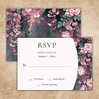 Elegante Romantische Roze Mauve Bloemige Trouwdag RSVP Kaartje
