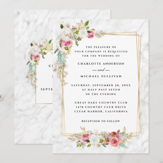 Elegante Romantische Roze Waterverf Bloemen Huweli Kaart (Voorkant / Achterkant)