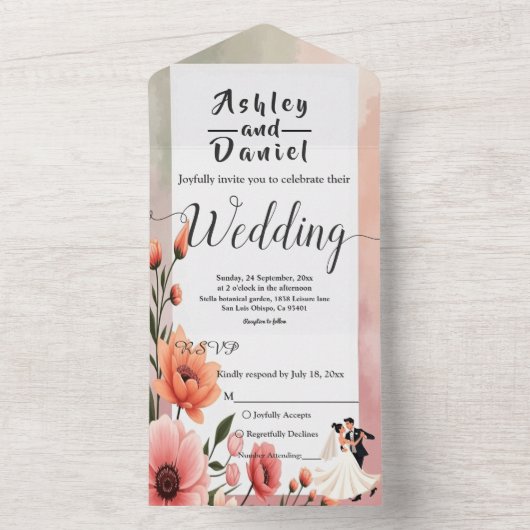 Elegante Romantische Rozen Bruid Bruidegom Bloemen All In One Uitnodiging (Binnen)