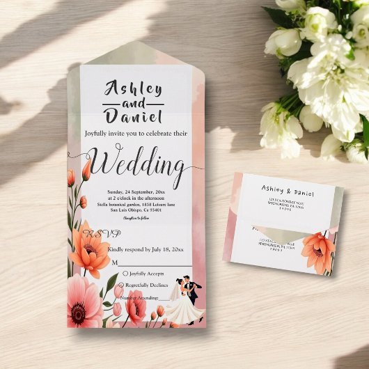 Elegante Romantische Rozen Bruid Bruidegom Bloemen All In One Uitnodiging