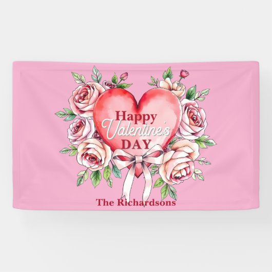 Elegante romantische Rozen en hart Valentijnsdag Spandoek (Horizontaal)