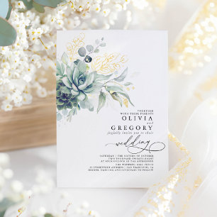 Elegante Romantische Succulenten Gouden Groene Huw Folie Uitnodiging