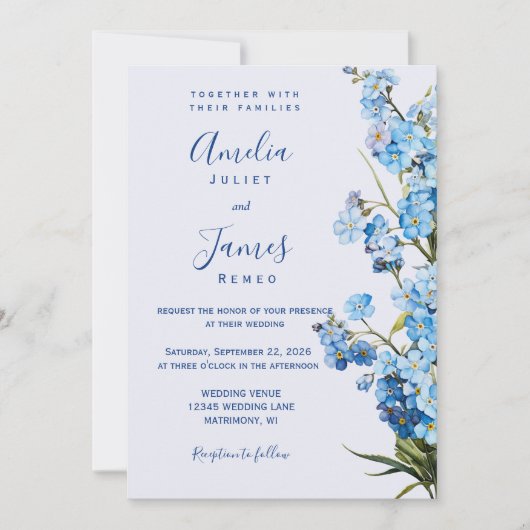 Elegante romantische 'vergeet-mij-niet' bloemenbru kaart (Voorkant)