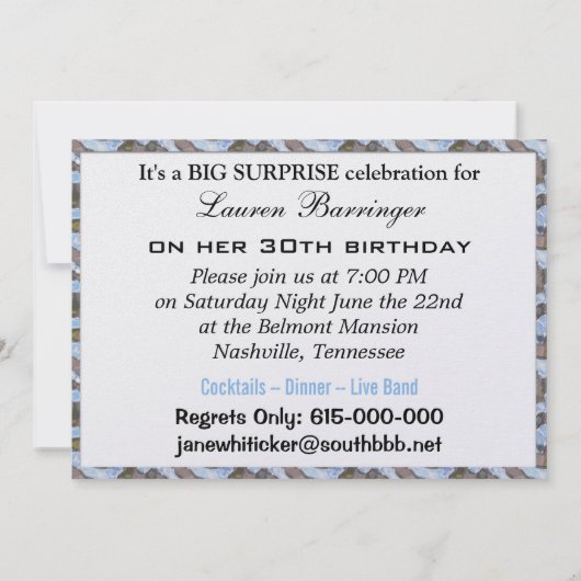 Elegante romantische verrassingsparty-uitnodiging kaart (Achterkant)