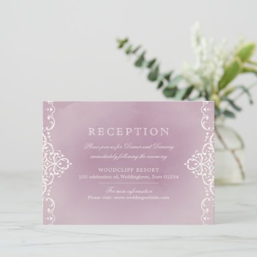 Elegante romantische vintage trouwreceptie mauve kaart (Staand voorkant)