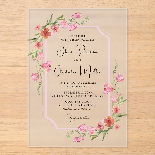 Elegante Romantische Waterverf Bloem Bruiloft Acryl Uitnodigingen (Voorkant)