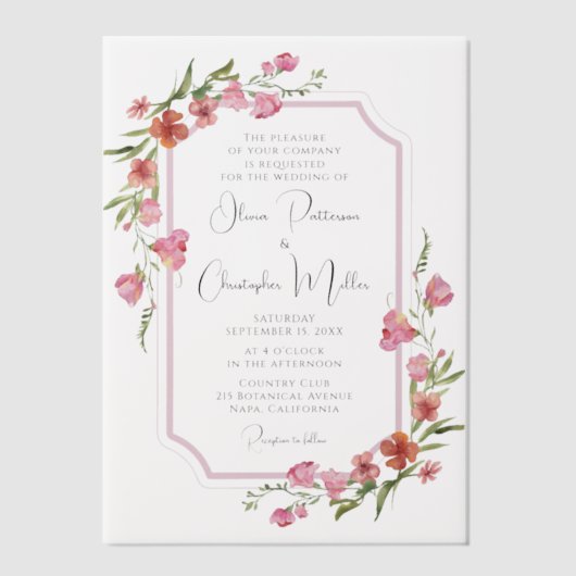 Elegante Romantische Waterverf Bloem Bruiloft Vellum Uitnodigingen (Voorkant)