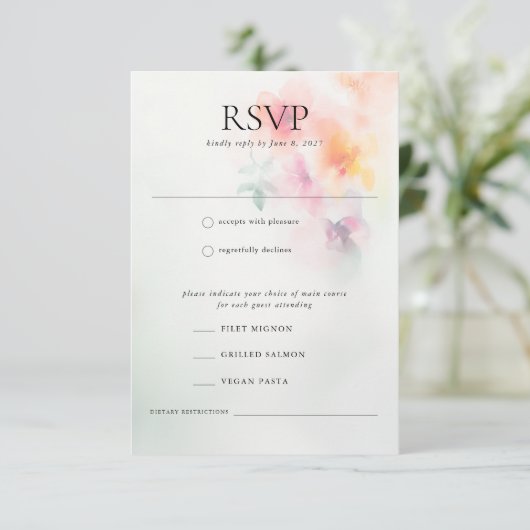 Elegante Romantische Waterverf Bloemen Trouwantwoo RSVP Kaartje (Staand voorkant)