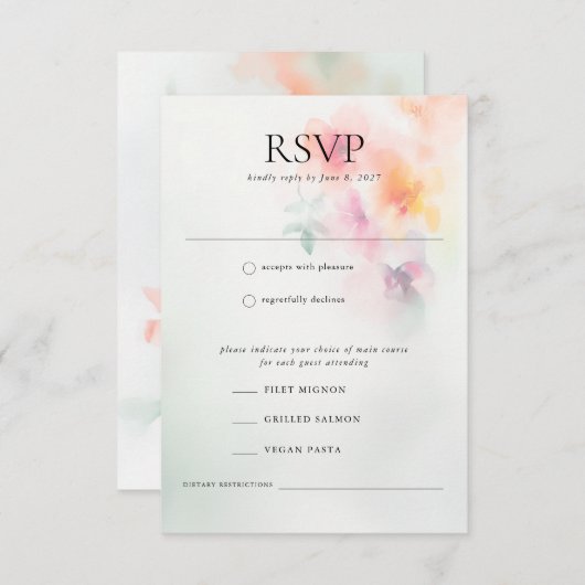 Elegante Romantische Waterverf Bloemen Trouwantwoo RSVP Kaartje (Voorkant / Achterkant)