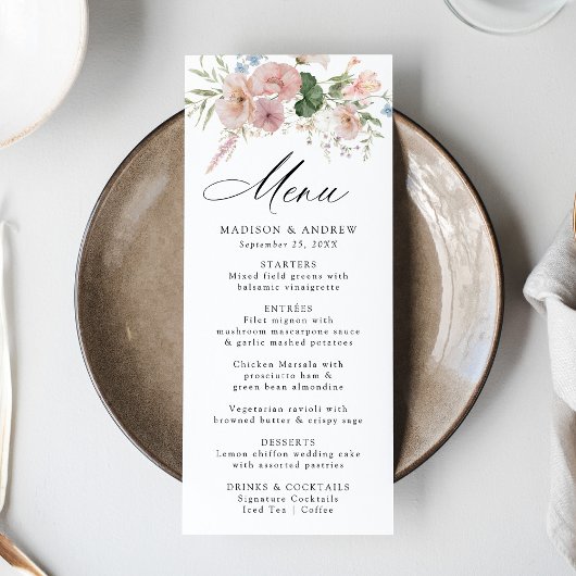 Elegante Romantische Waterverf Bloemige Bruiloft Menu